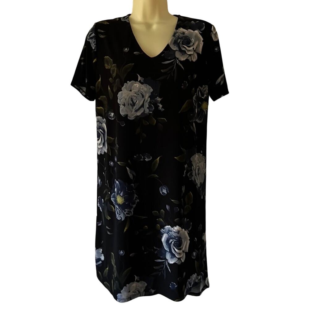 Christian Siriano Black Floral Print Knit Dress Pullover VNeck Woman Size Medium